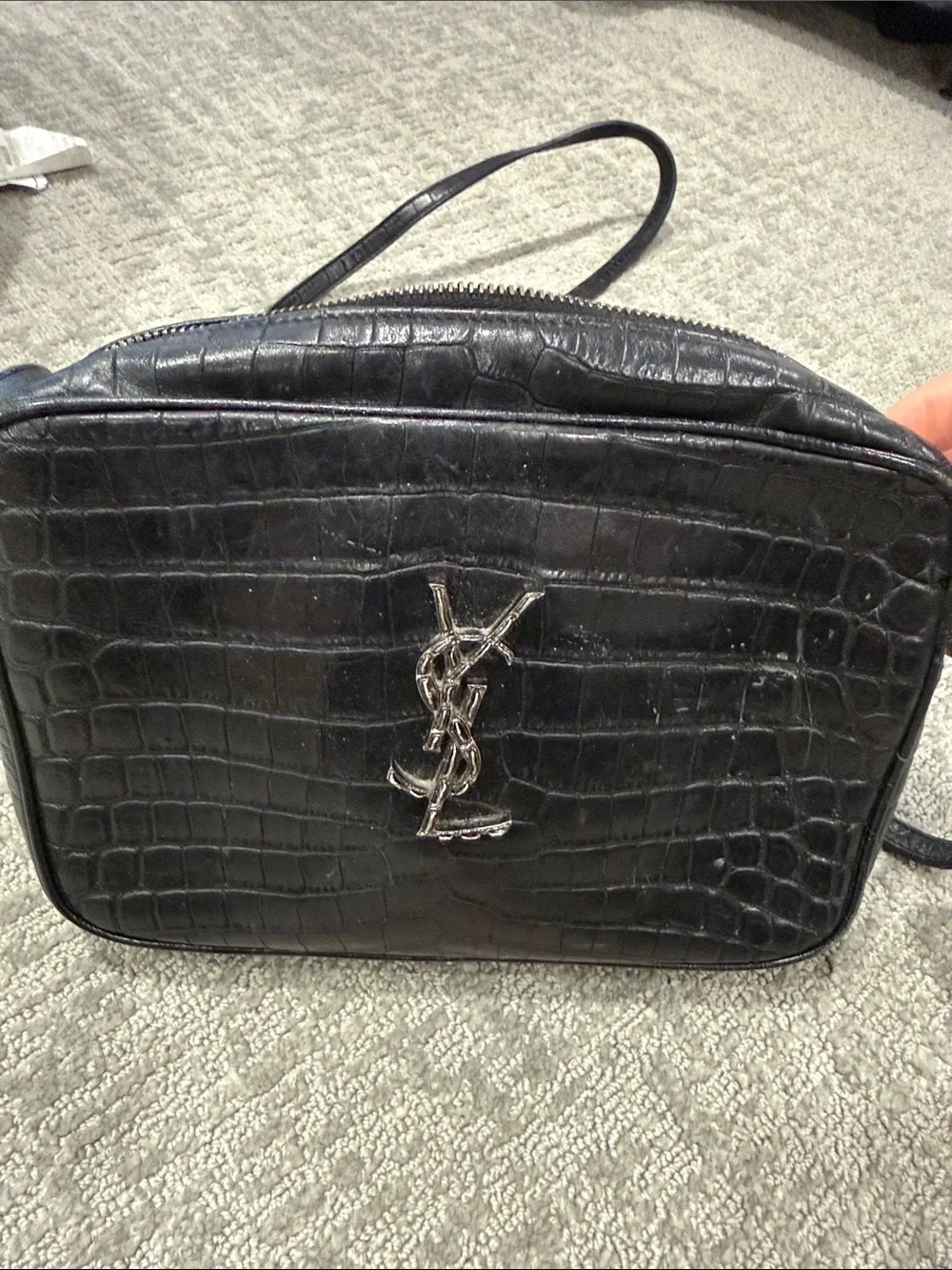 Saint Laurent Black Croc-Embossed Leather Camera Crossbody with Silver YSL Logo
